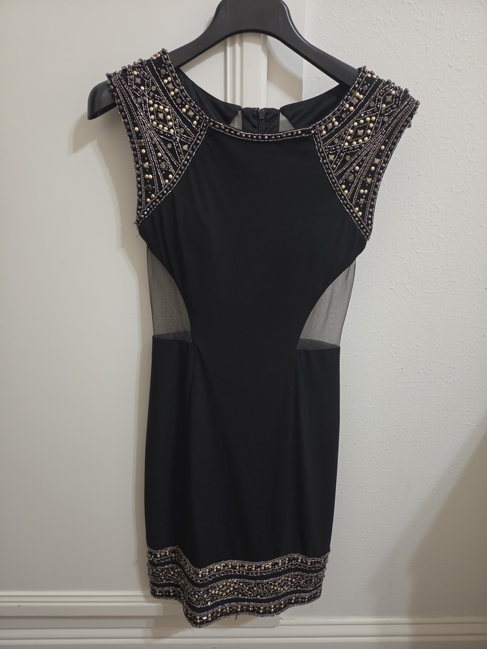 Madison James Black Mesh Mini Dress with Gold Beaded Accents